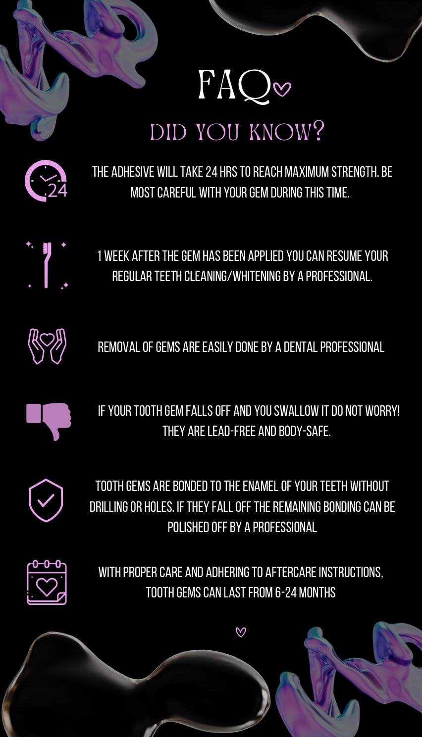 Tooth Gem Aftercare & FAQ Cards - Printable PDF